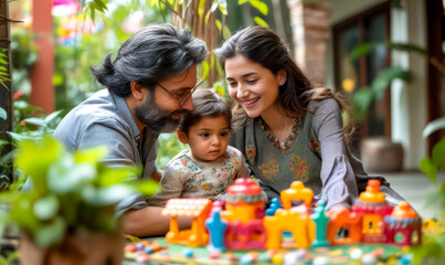 Fototapeta premium Man, woman, and child looking at toy train on table.