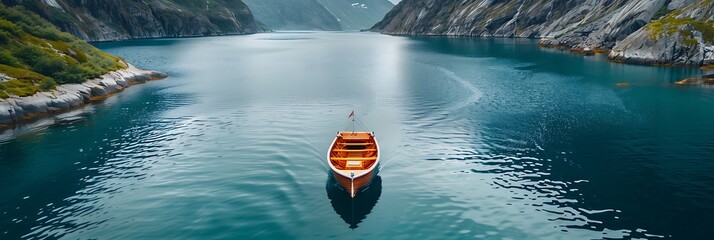 Aerial view of a sailing boat navigating along the fjords in Sermersooq, Greenland realistic nature and landscape - Powered by Adobe