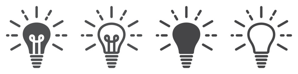 Set of lamp icons. Light bulb symbol, electricity, lighting, electric lamp. Innovation idea, effective thinking, solution, inspiration. Illuminated lamp, idea, creative. Vector.