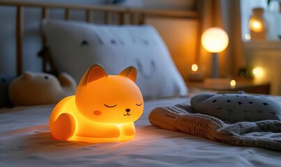 Childrens night lamp, whimsical animal shape, soft pastel colors, comforting glow in a dark room