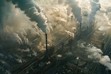 Fototapeta premium A city with smoke coming out into the sky. environmental pollution concept
