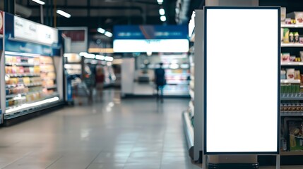 A mock up, white blank advertising billboard in a grocery store/ supermarket. retail marketing concept