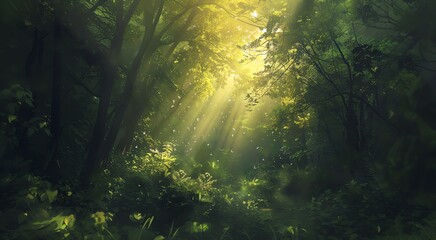 An illustration of a lush green forest with beams of sunlight shining through the trees, canvas, poster, landscape.