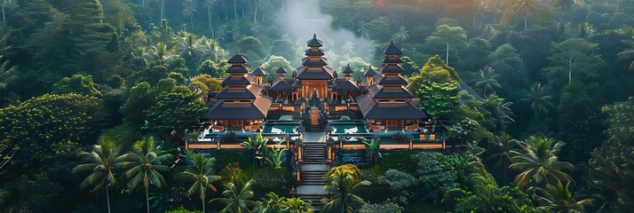 Aerial view of a traditional Balinese Hindu temple near Ubud in Bali, Indonesia realistic nature...