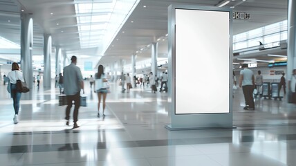 A mock up, white blank advertising billboard in a busy Airport, retail business concept

