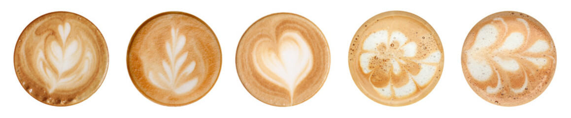 Coffee foam with latte art isolated on white, top view