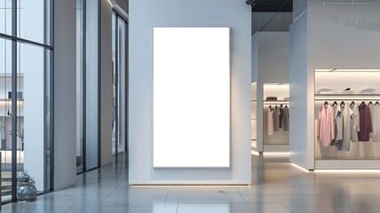 A mock up, white blank advertising billboard in a clothes shop with warm modern fixtures/ interior. Retail business concept