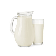 Glass and jug with milk isolated on white