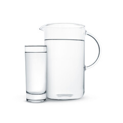 Glass and jug with water isolated on white