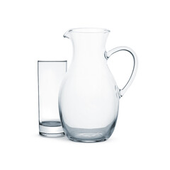 Empty glass and jug isolated on white