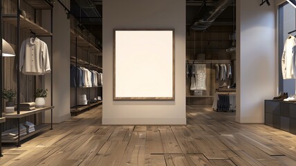 A mock up, white blank advertising billboard in a clothes shop with warm wooden fixtures/ interior. Retail business concept