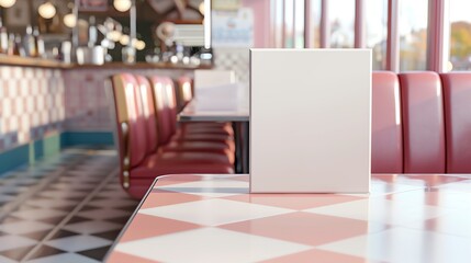 A mock up, white blank advertising/ menu board, in an American style diner/ cafe, restaurant business concept