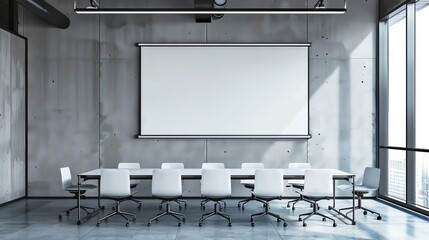 A mock up, white blank advertising/ presentation on the wall of a modern but rustic conference room. Business meeting concept