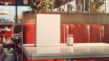 A mock up, white blank advertising/ menu board, in an American style diner/ cafe, restaurant business concept