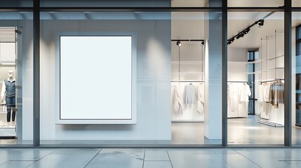 A mock up, white blank advertising board in a clothes shop window display, modern glass front, retail and business concept