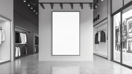 A mock up, white blank advertising board in a clothes shop, black and white illustration, business and retail concept