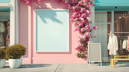 A Mock up advertising blank board outside of a clothes shop with beautiful climbing pink flowers, Pink and green pastel colors 