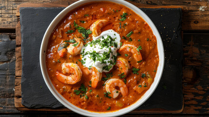 Savory angolan shrimp stew served with sour cream and fresh herbs in a rustic setting