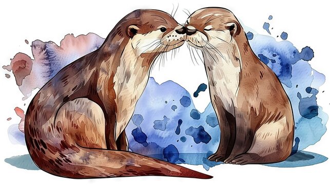  A pair of otters relaxing together on a colorful watercolor background