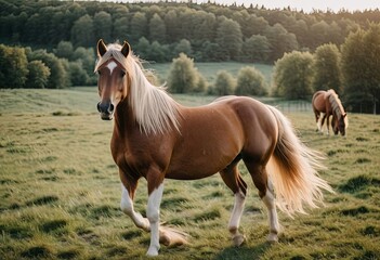 Brown horse stands majestically on top of a bright green field near a forest