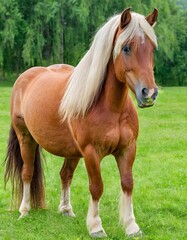 Obraz premium Brown horse with a white mane stands on a bright green field filled with lush vegetation