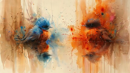   Two birds perched on window sill, paint drips adorn