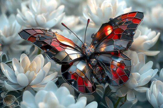a large, Dark Ruby Red, Jet Black and Chrome metallic butterfly made from dodecahedrons - Powered by Adobe