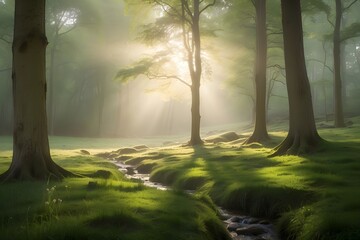Naklejka premium Serenity in Nature: Capturing the Beauty of Realistic Landscapes, AI-generated images of charming nature landscape. Capturing the Peace of Natural Environments.