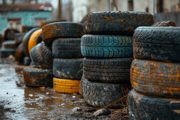 A lot of old car tires on a junkyard in the sun down, warm sunlight through the tires