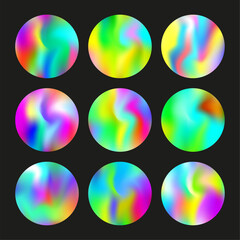 Gradient round set with holographic mesh. Abstract hologram. Stylish gradient round set. Minimalistic 90s, 80s retro style graphic template for placard, presentation, banner, brochure.
