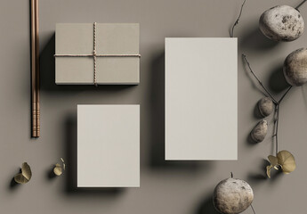 Traditional business card or poster mock-up showing blank paper cards next to chopsticks and stones