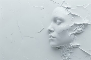 Fototapeta premium Fragmented sculpture of a woman's face on a textured white background