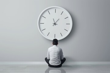 Man sitting on floor under a large wall clock looking pensive and thoughtful
