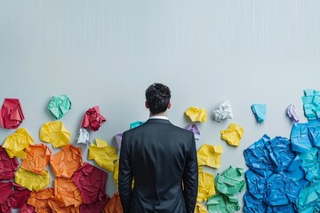 Obraz premium Businessman in black suit looking at scattered colorful crumpled paper