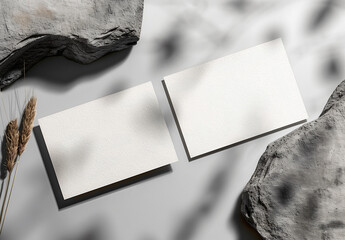 Traditional business card or poster mock-up showing blank paper cards next to gray rocks