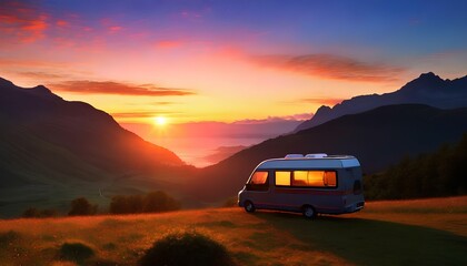 A silver camper van is parked on a grassy hillside