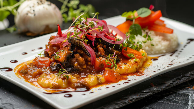 Authentic angolan moamba de galinha served with white rice, vegetables, and garnishes, displayed elegantly on a white plate