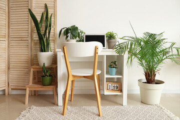 Workplace with laptop and green plants near light wall in office