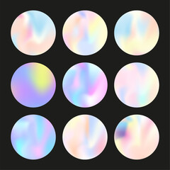 Hologram abstract backgrounds set. Holographic gradient. Colorful hologram backdrop. Minimalistic 90s, 80s retro style graphic template for flyer, poster, banner, mobile app.