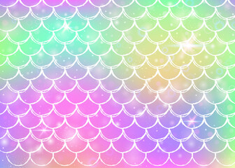 Rainbow scales background with kawaii mermaid princess pattern. Fish tail banner with magic sparkles and stars. Sea fantasy invitation for girlie party. Bright backdrop with rainbow scales.