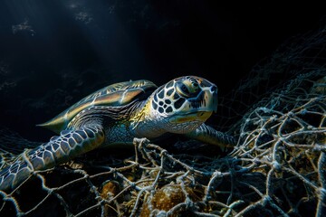 A turtle is laying on a net in the ocean. environmental pollution concept
