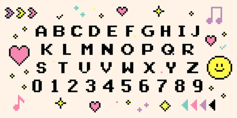 Pixel game font and elements set. 8-bit alphabet symbols, letters and numbers. Y2k. 90's aesthetics.  Oldschool retro nostalgic typeface. Vector illustration © Mariia
