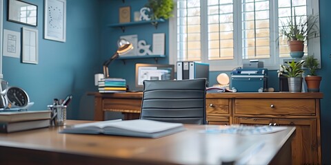 Cozy home office with a stylish wooden desk and bright window light