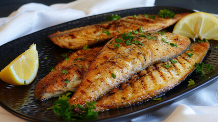 Delicious angolan-style grilled tilapia fillets seasoned with herbs, adorned with a lemon wedge on a sleek black plate