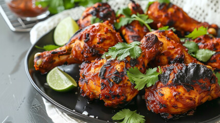 Succulent grilled chicken seasoned with angolan spices, garnished with fresh cilantro and lime wedges, served on a black plate