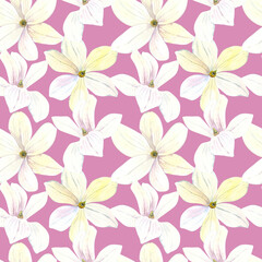 Obraz premium Seamless pattern of watercolor white Magnolia blooming flowers. Hand drawn illustration. Botanical hand painted floral elements. On pink background. For print decoration, fabric, wallpaper wrapping