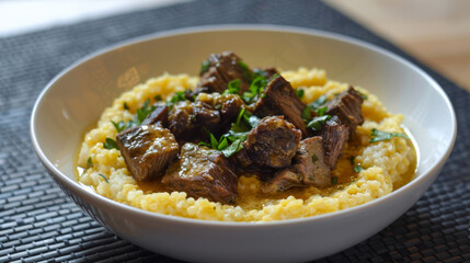 Traditional angolan cuisine: succulent meat stew served over aromatic millet in a white bowl