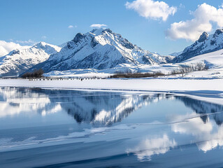 Majestic snowy mountains mirrored in a serene frozen lake, creating a breathtaking winter landscape scene.