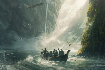 Group of Vikings sailing in a boat on a river, rowing and navigating the waters on their adventurous journey. Generative AI