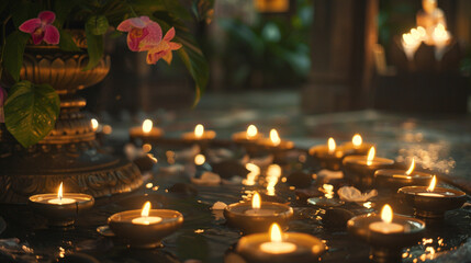 A peaceful setting with candles for the Buddhist Vesak festival Vesak Blessings!